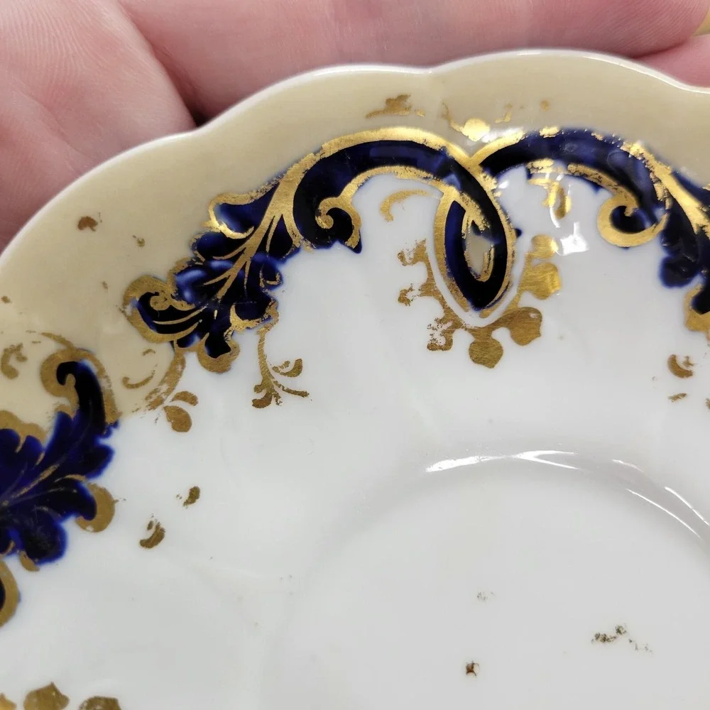 Antique John‎ Ridgway Tea Cup Saucer Cauldon Place Foliage Blue Gilding Acanthus